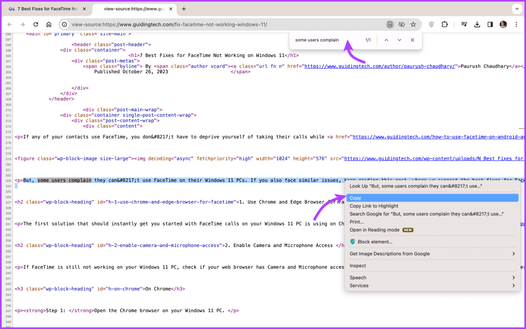 Use Source code to copy text from Chrome