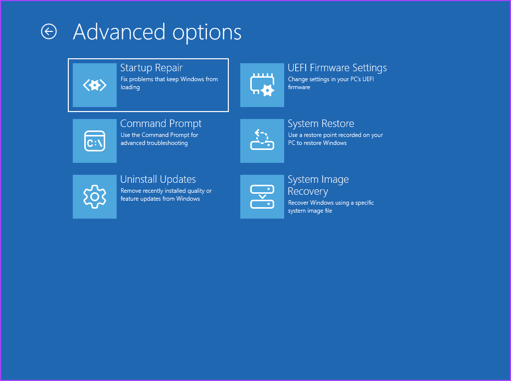advanced options in Windows recovery environment page