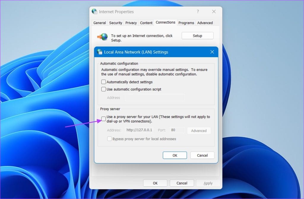 Use a proxy server for your LAN box in Internet Options