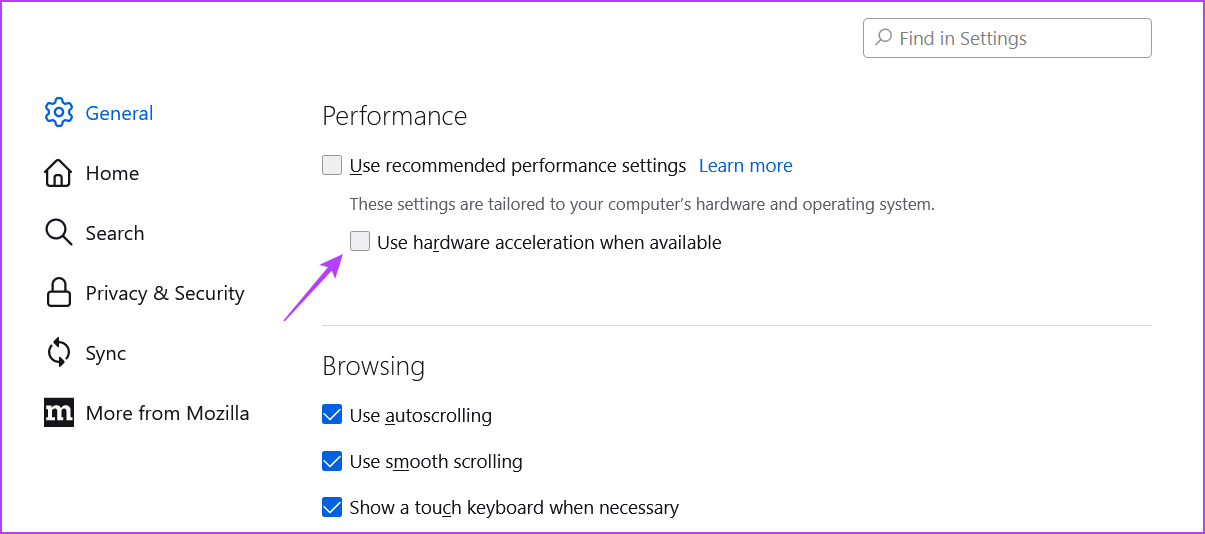 Use hardware acceleration when available option of Firefox 