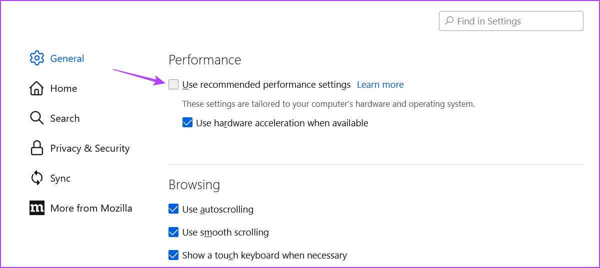 Use recommended performance settings option of Firefox