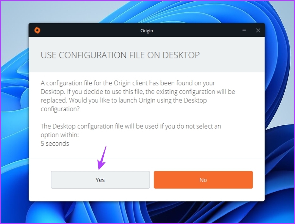 User Configuration File on Desktop option of Origin