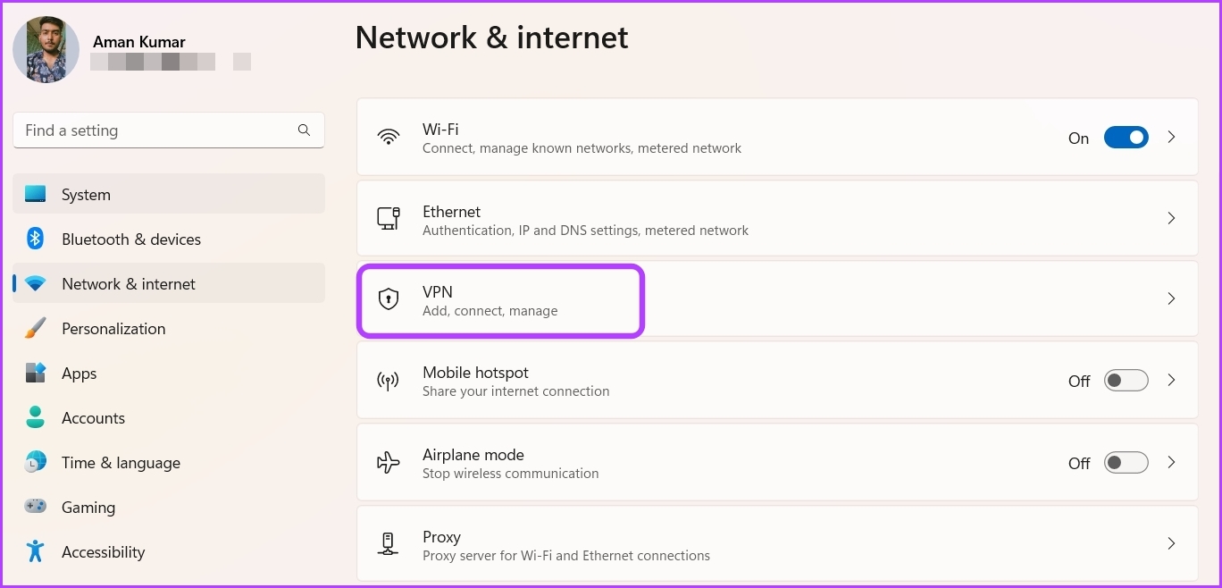 VPN option in Settings