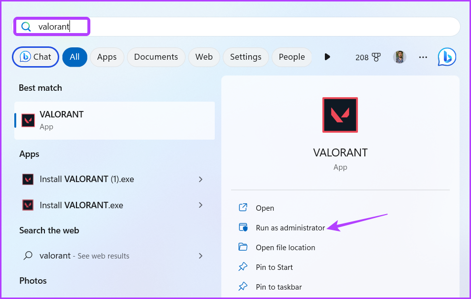 Accessing Valorant in the Start menu to fix Valorant voice chat or mic not working