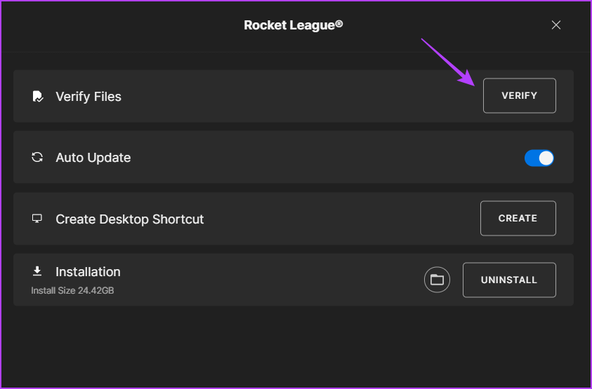 Verify option in Epic Games Launcher
