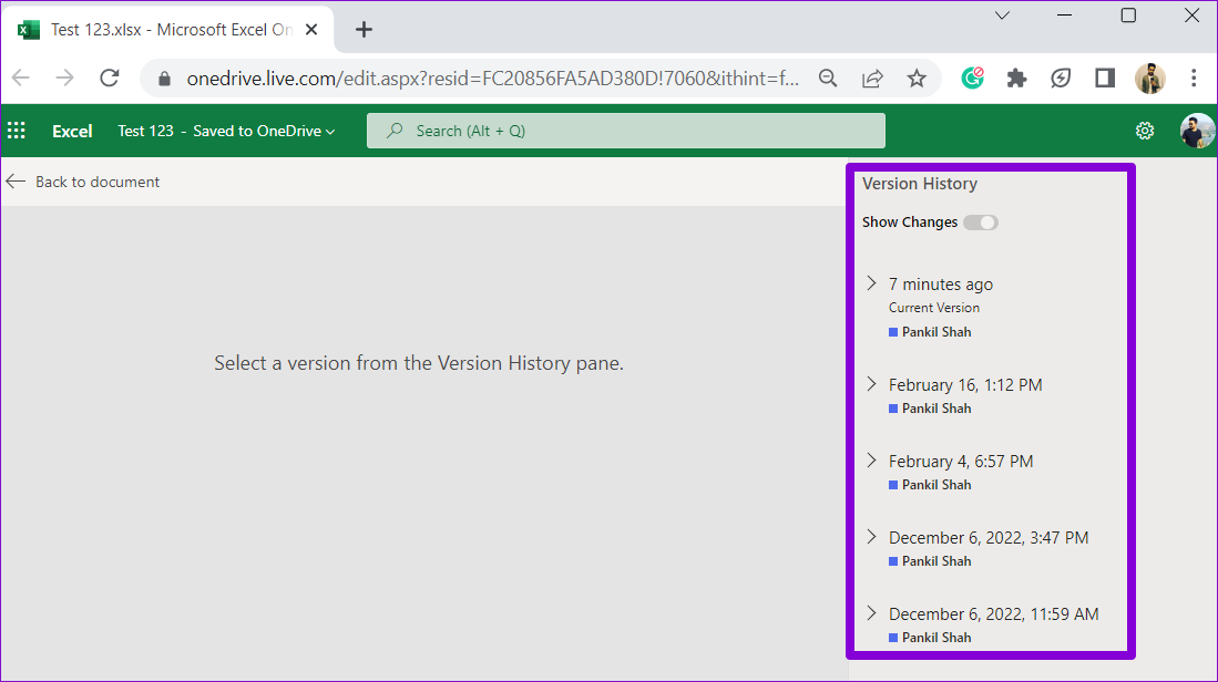 Version History Panel in Excel for Web