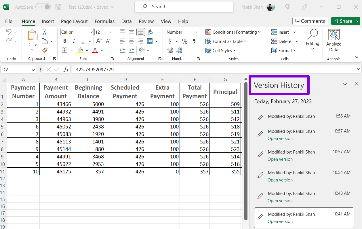 Version History Panel in Excel