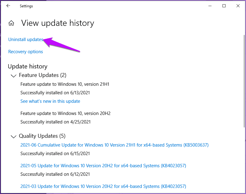 View Update History Settings