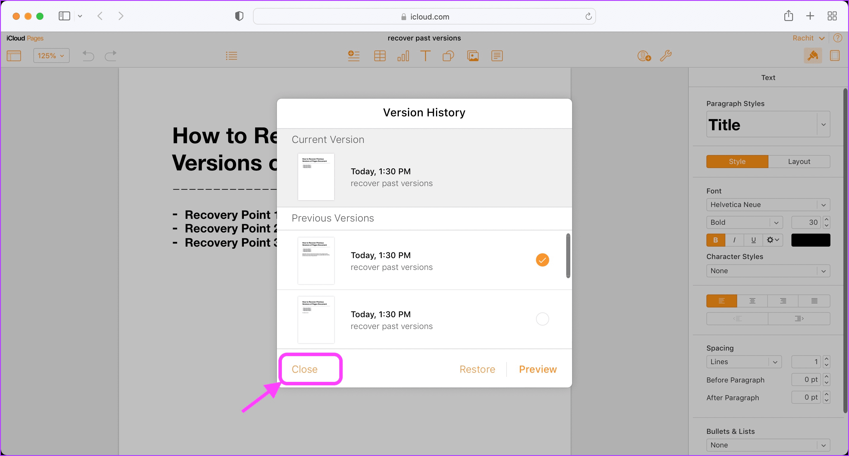 View and Restore Previous Versions of Pages Document in iCloud 10