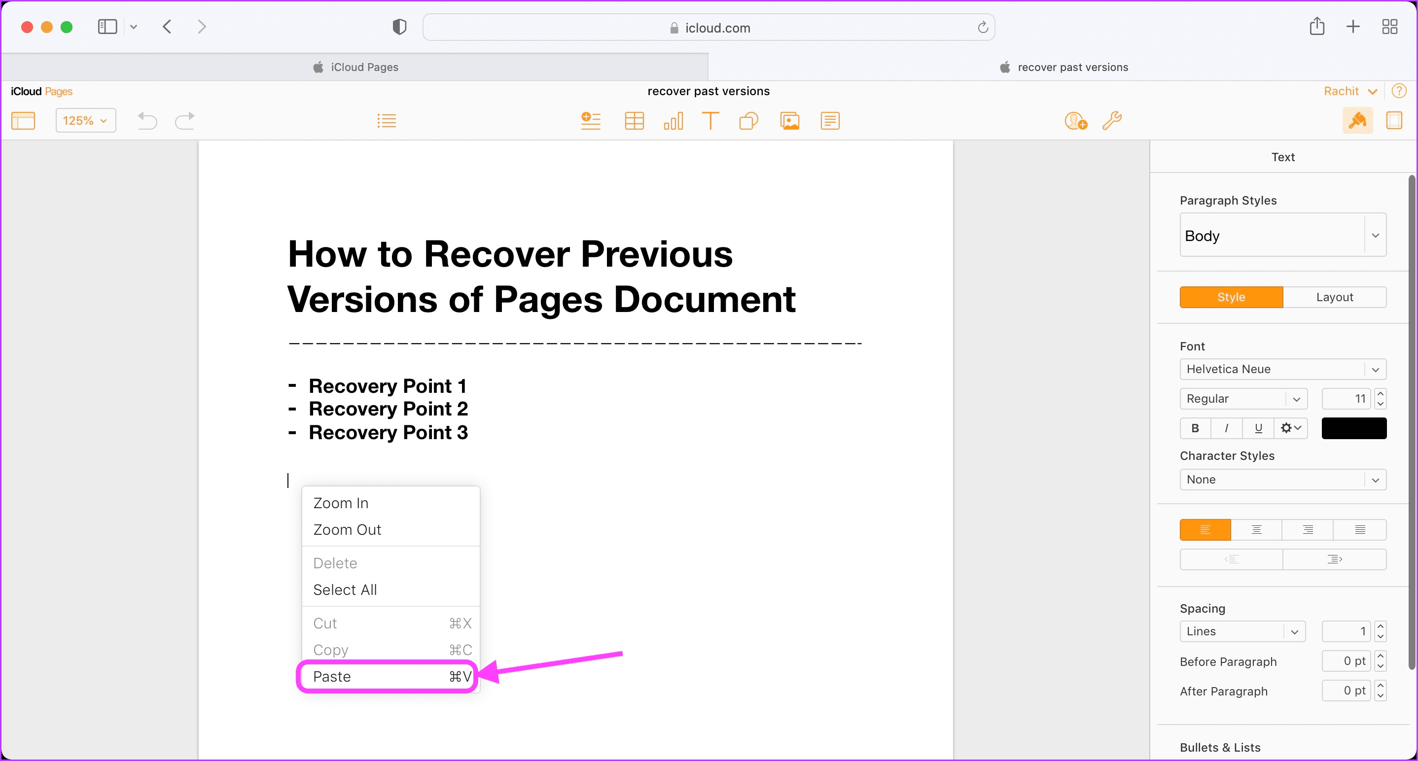 View and Restore Previous Versions of Pages Document in iCloud 11