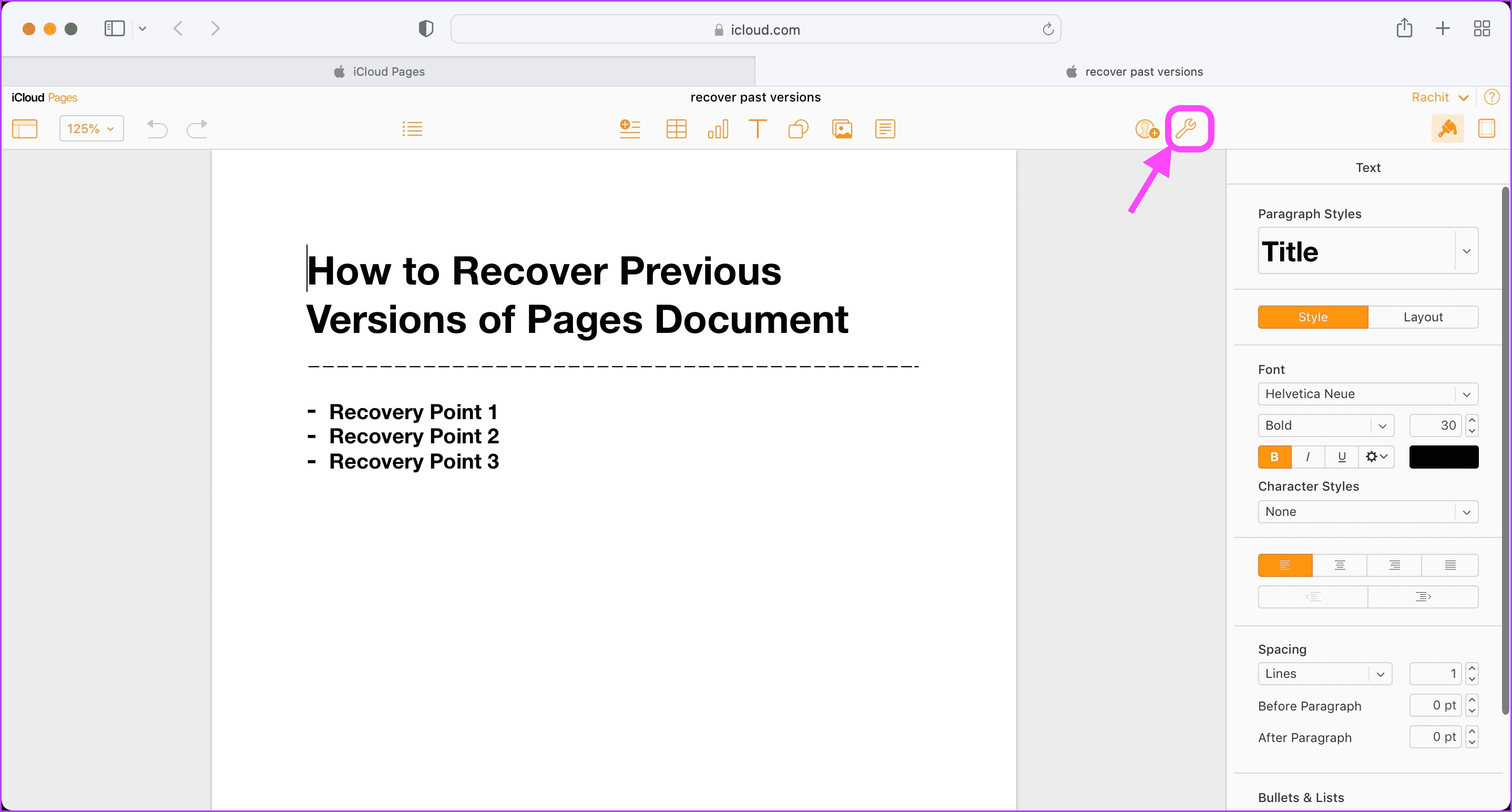 View and Restore Previous Versions of Pages Document in iCloud 4