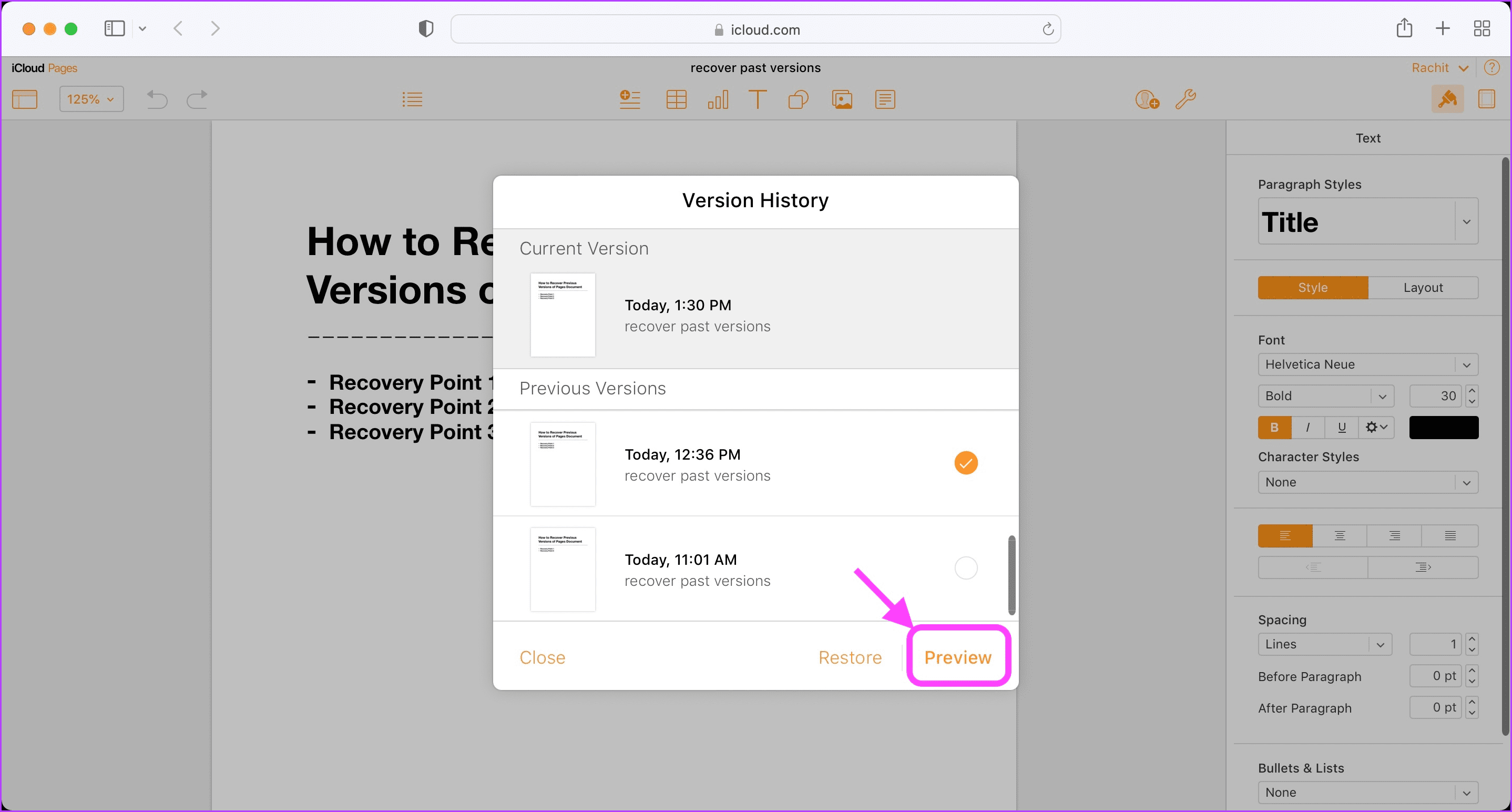 View and Restore Previous Versions of Pages Document in iCloud 6