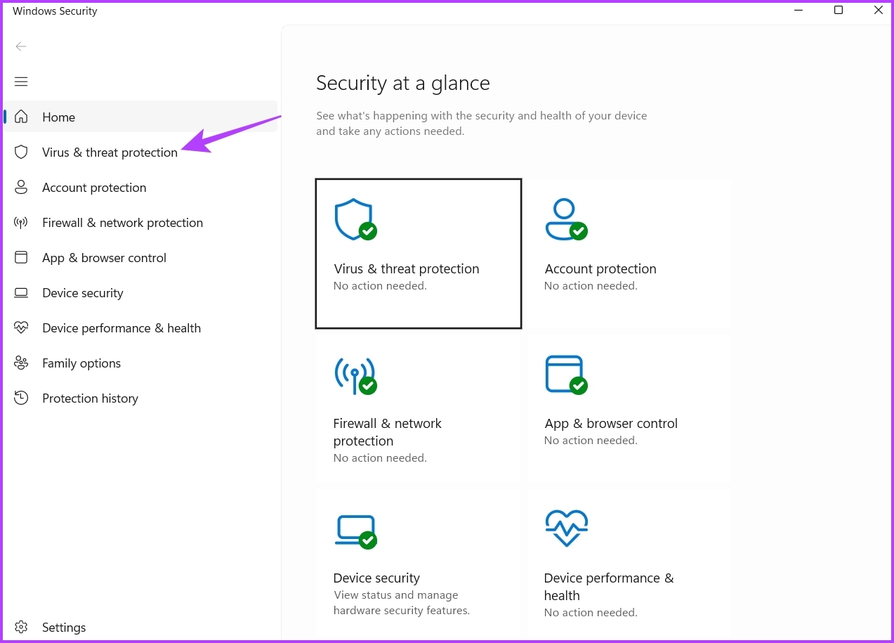 Virus & threat protection option in Windows Security