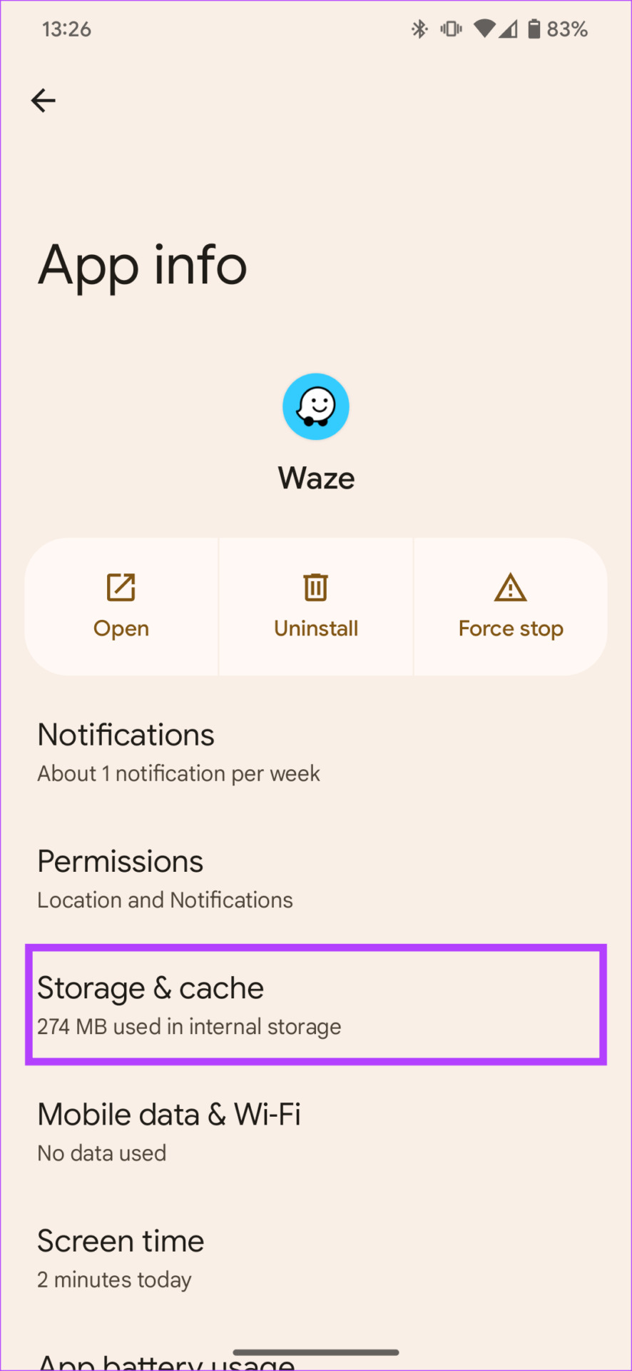 Storage and cache settings