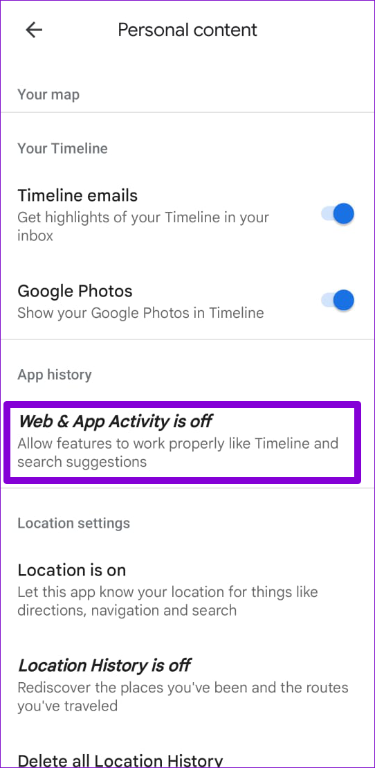 Web and App Activity in Google Maps