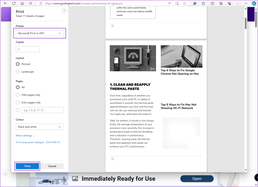 Webpage Microsoft Print to PDF