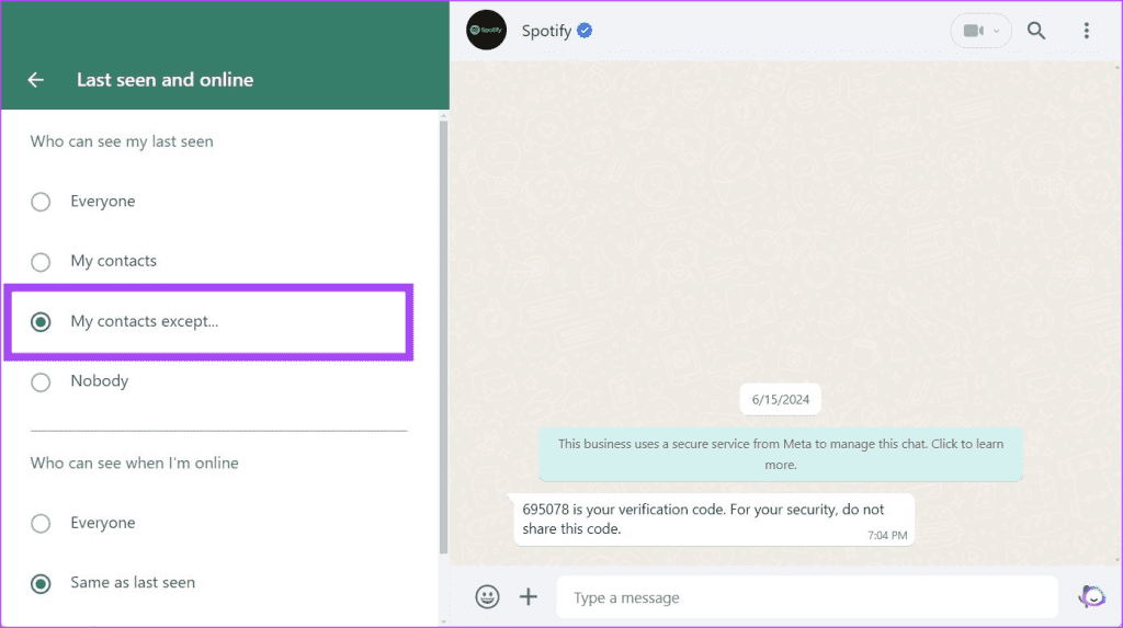 WhatsApp Last Seen Settings on Web Browser
