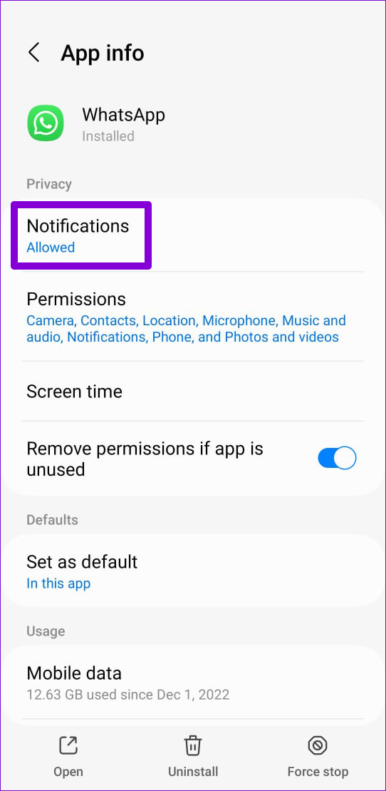WhatsApp Notification Settings on Android