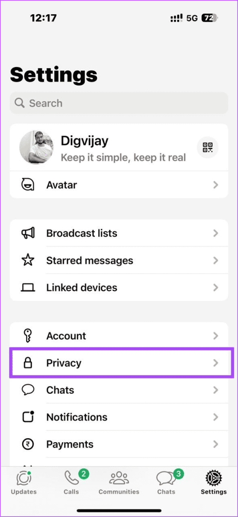WhatsApp Settings Menu on iPhone