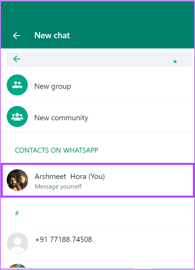 Select your name to send a message to yourself on WhatsApp