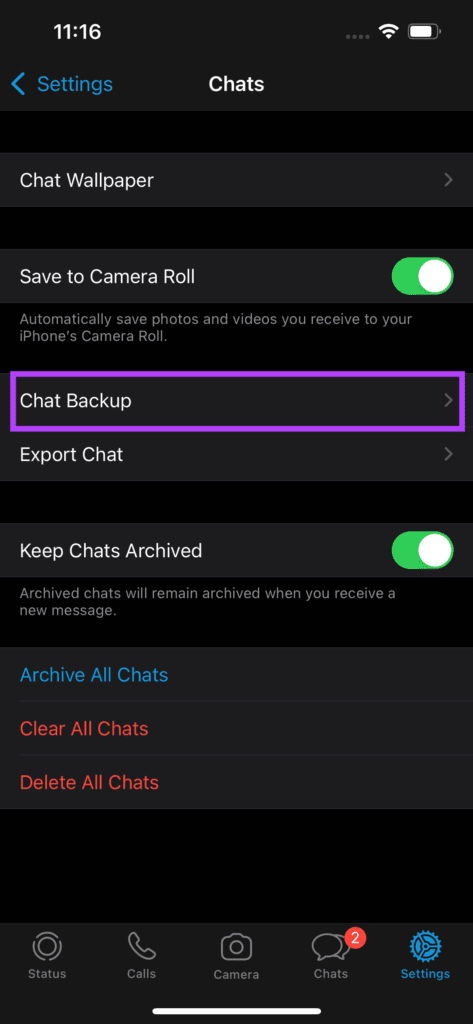 chat backup disable on WhatsApp