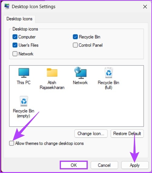 uncheck Allow themes to change desktop icons