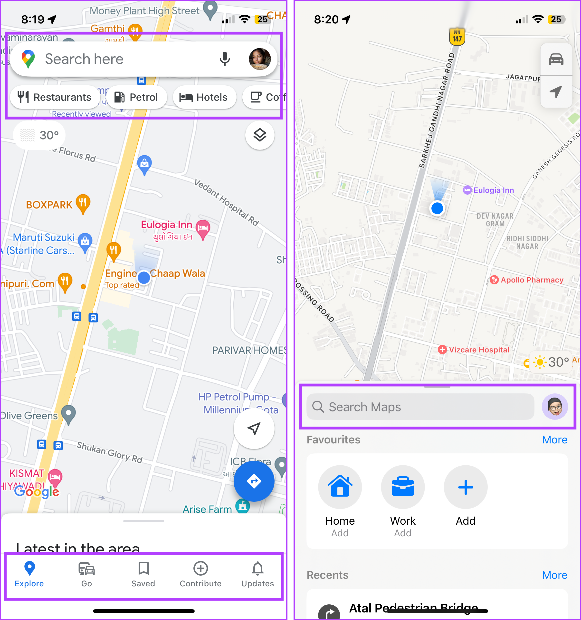 UI of Google Maps and Apple Maps