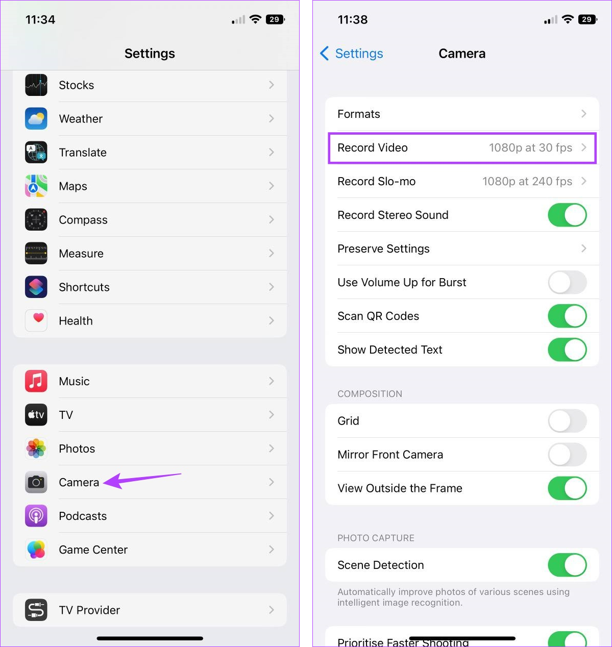 Open iPhone video settings