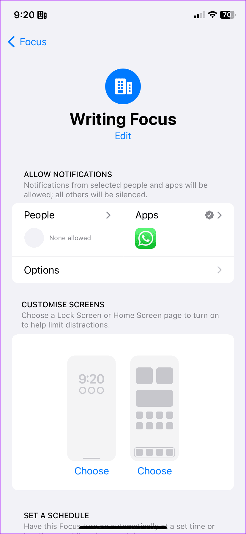 Go to Settings > Focus > Focus profile