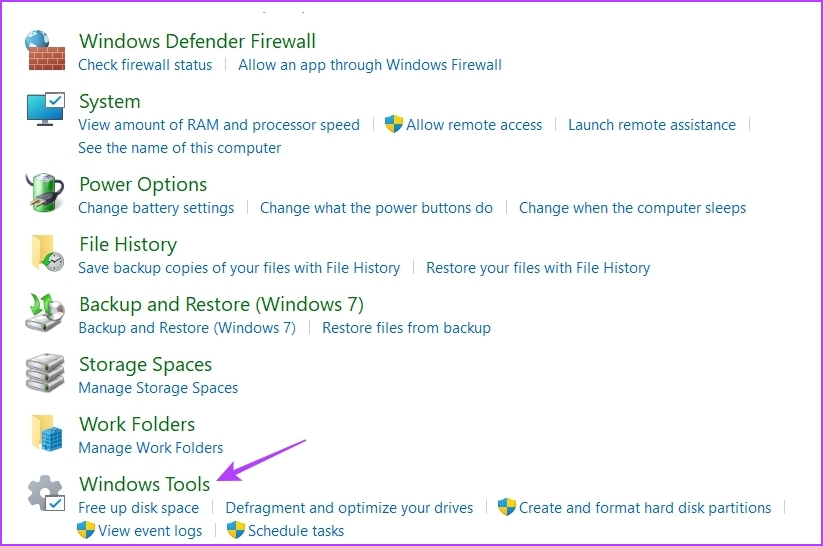 Window tools option in control panel