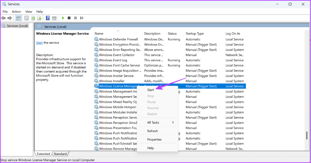 Windows License Manager Service in Services window