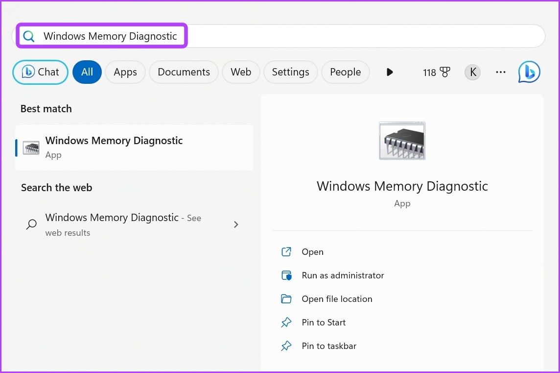 Windows Memory Diagnostic tool in Start menu