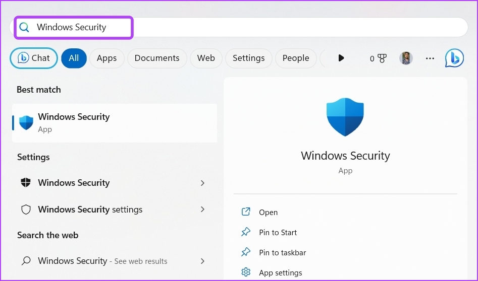 _Windows Security در منوی استارت