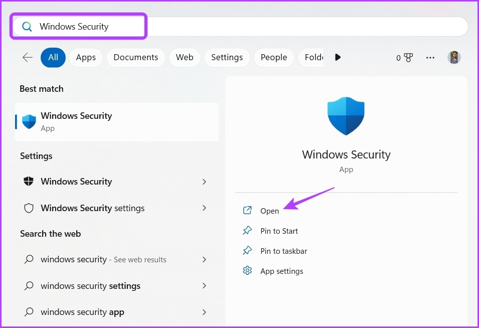 Typing Windows Security in Windows Search