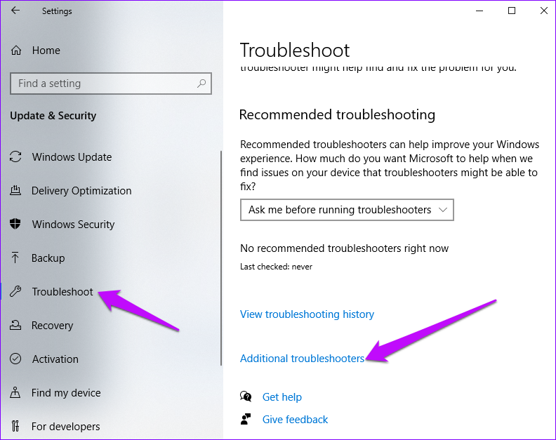 Windows Settings Additional troubleshooter