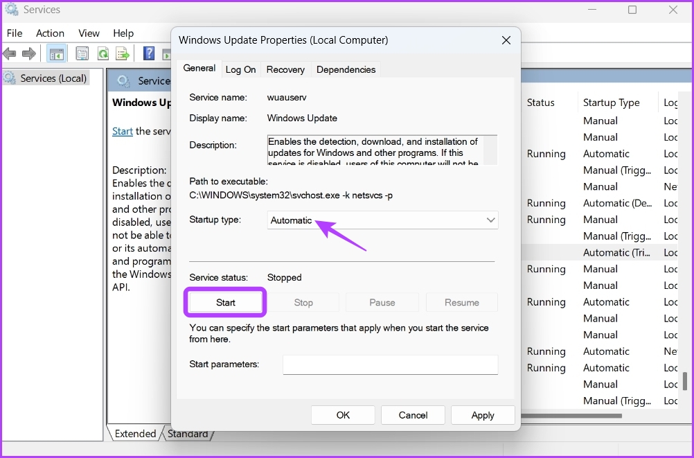 Windows Update service properties window in Services window