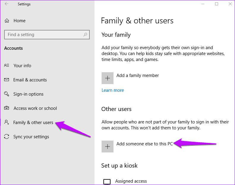 Windows settings family and other users
