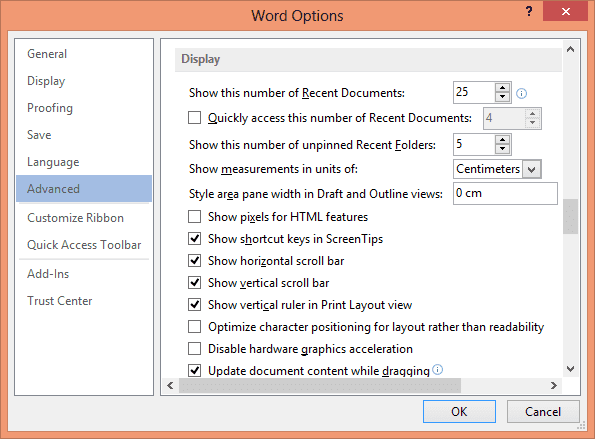 Word Advanced Options
