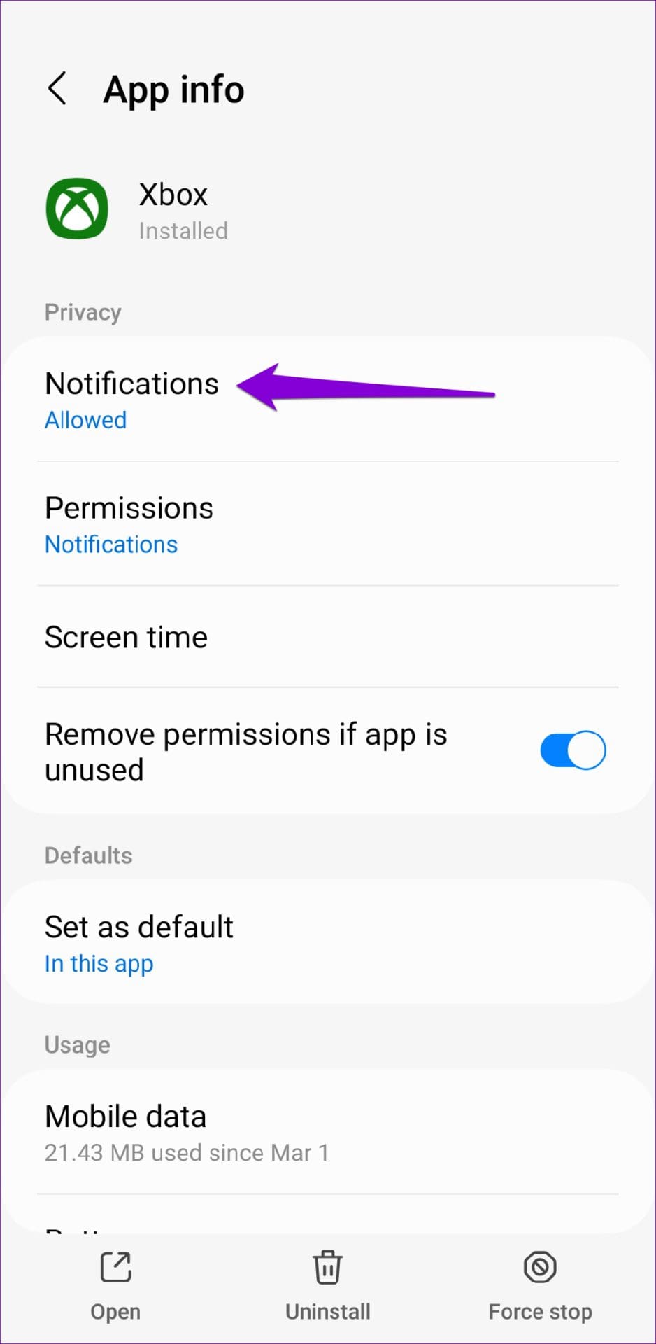 Xbox App Notification Settings on Android