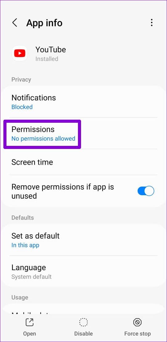 YouTube App Permissions on Android
