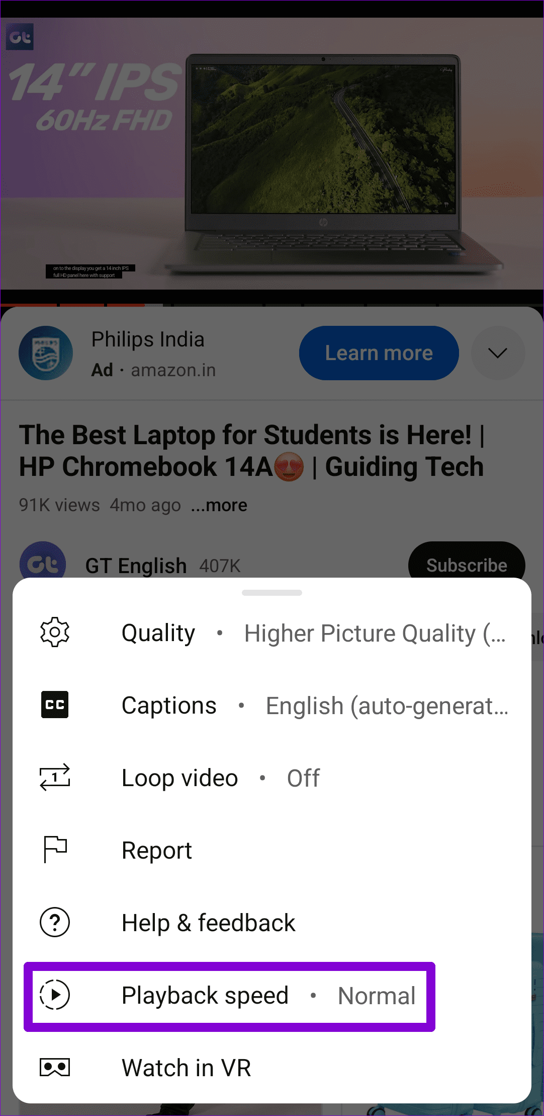 YouTube Playback Speed on Mobile