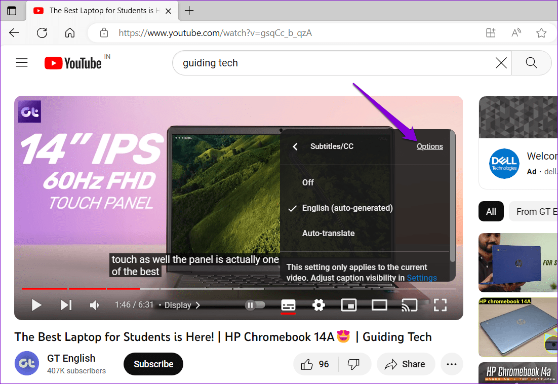 YouTube Subtitles Options on Desktop 1