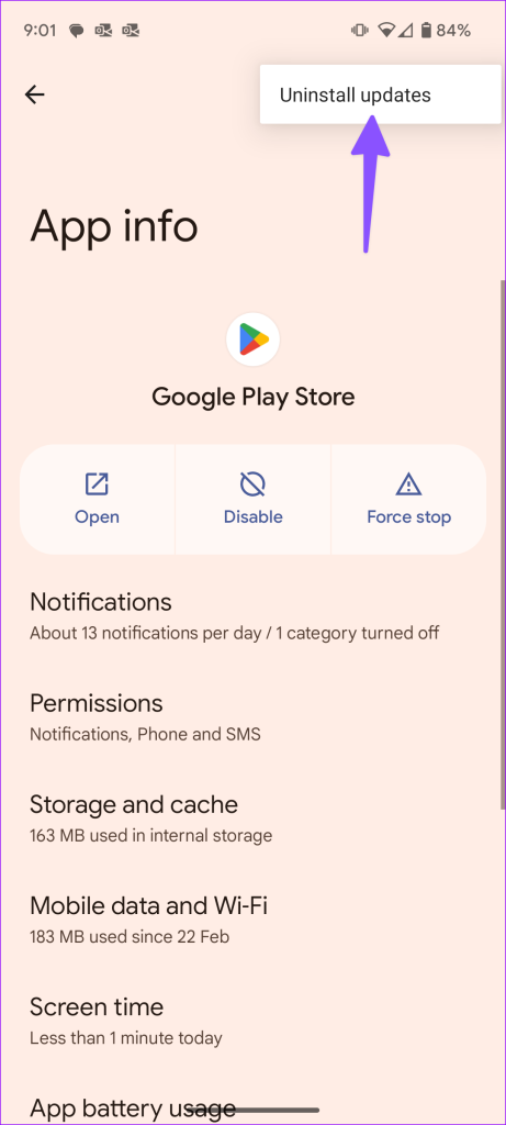 Uninstall Play Store updates on Android