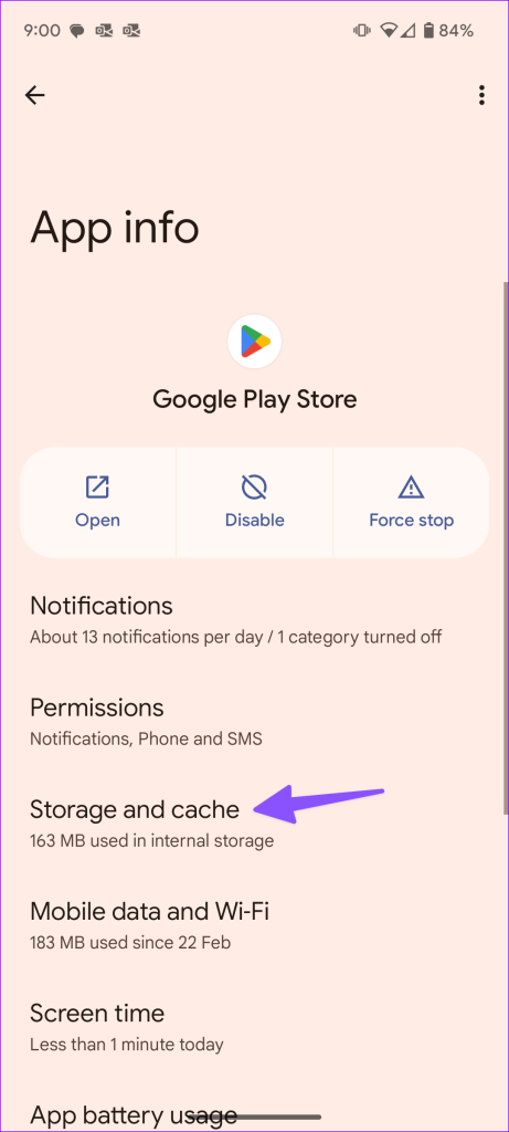 Play Store storage and cache
