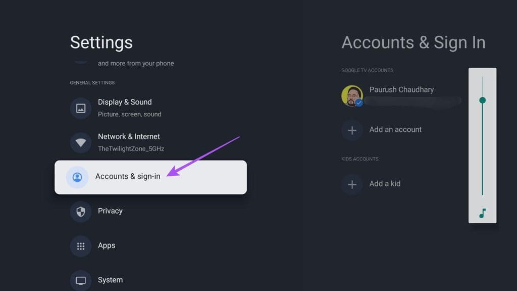 accounts and sign in google tv settings