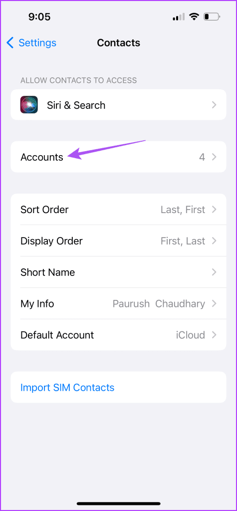 accounts contacts settings iphone