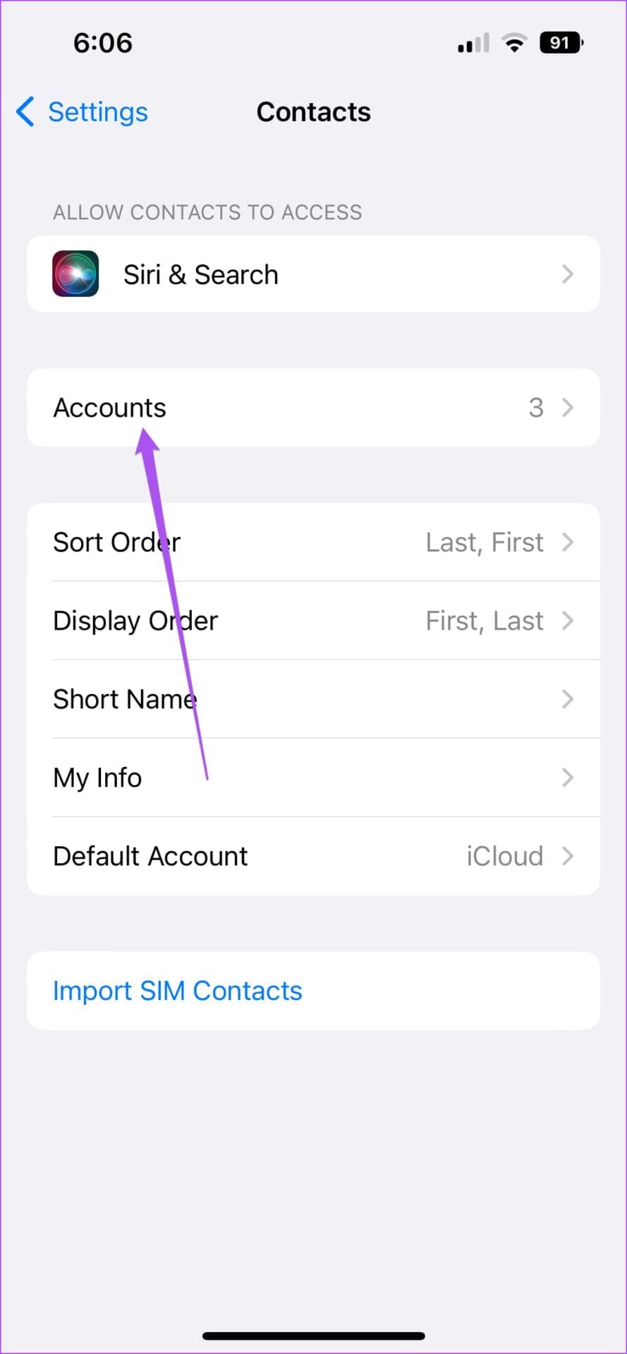 Accounts contacts settings iPhone