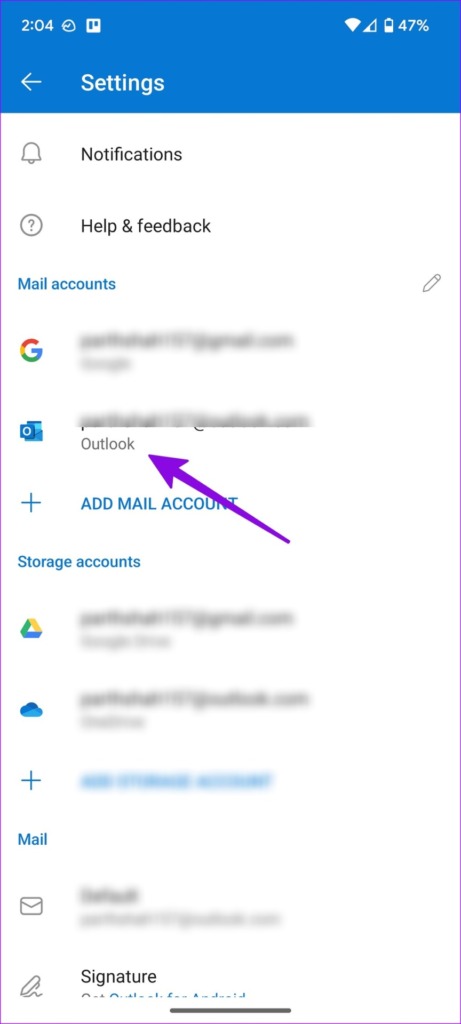 select outlook account android app