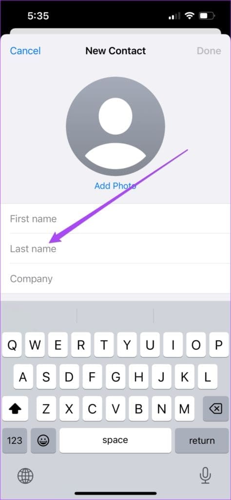 enter last name contacts app iPhone