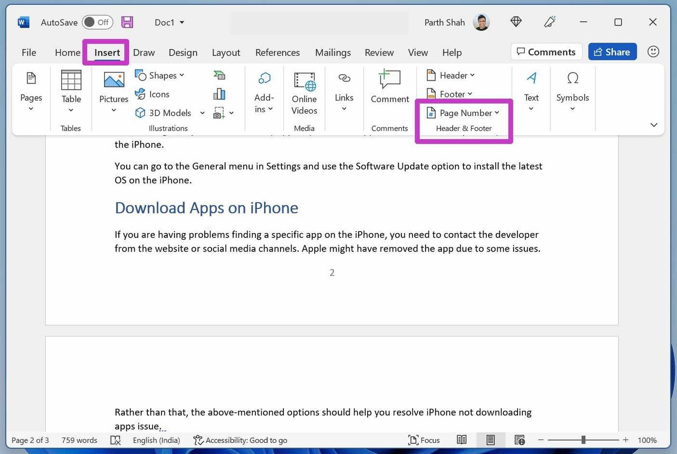 Add page number in word
